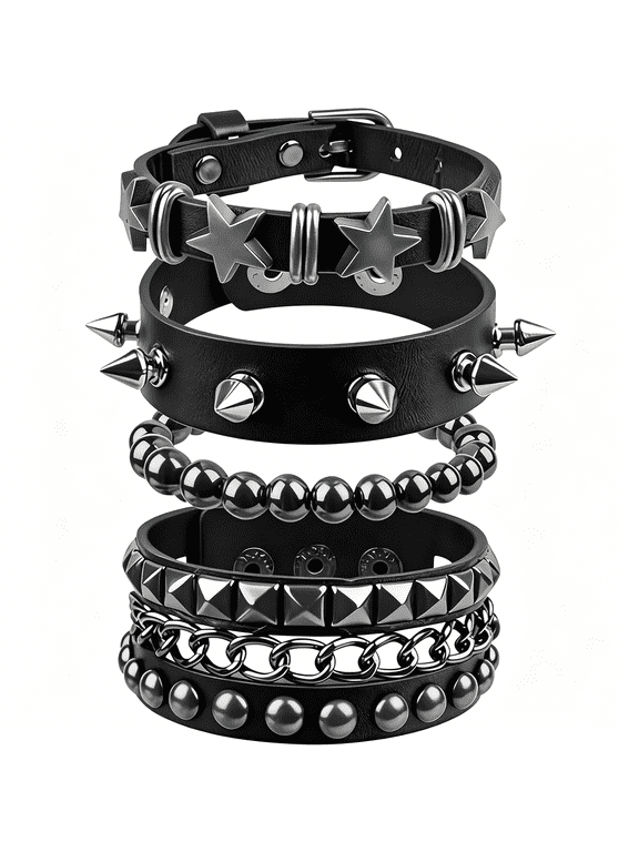 4 Pcs Punk Rock Studded Bracelet Set for Men Women,Adjustable Faux Leather Spiked Bracelets,Emo Goth Accessories,Gothic Star&Round Rivet Cuff Wristbands,Rocker Jewelry Gifts Set