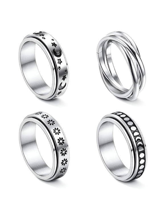 4 Pcs Vintage Spinner Rings Set, Stainless Steel Rotating Fidget Jewelry for Stress Relief, Anxiety Relief Band for Men and Women, Daily Wear Meditation