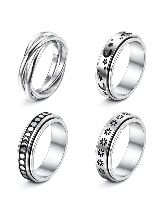4 Pcs Vintage Spinner Rings Set for Women Men Rotating Stainless Steel Rings Anxiety Band Rings