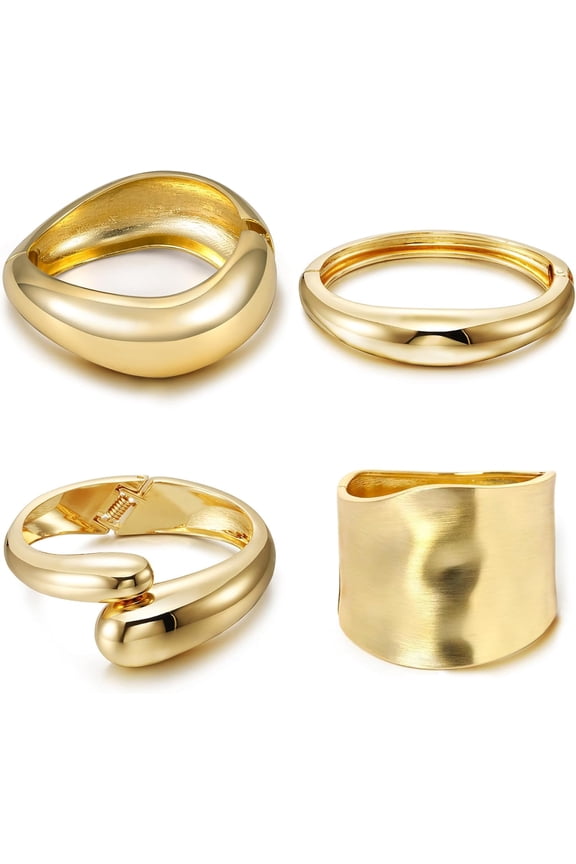 4 Pcs Women Golden Silvery Cuff Bracelet Hinged Design Bracelet Trendy Chunky Cuff Bangle Thick Golden Silvery Bracelets for Women