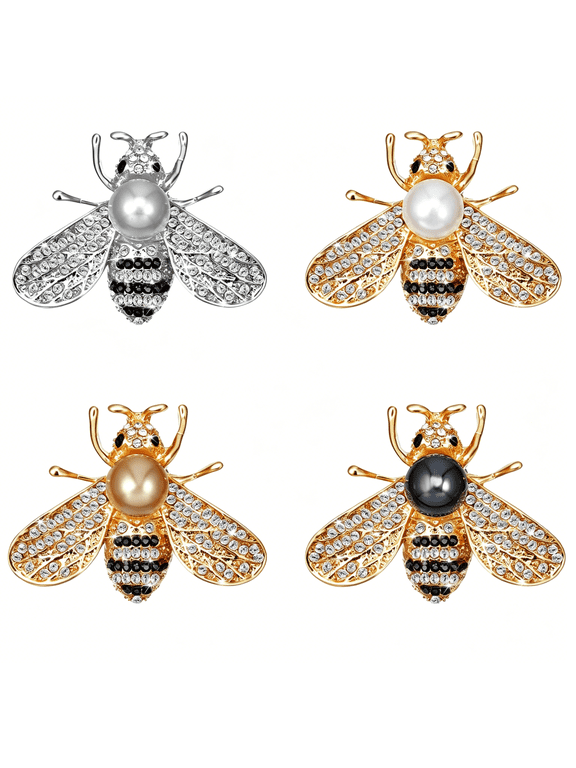 4 Pieces Honey Bee Brooch Lapel Pins for Women Crystal Insect Themed Bee Brooches with Faux Pearl Fashion Gift for Birthday Dating Party Anniversary