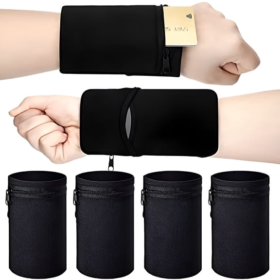 DESIGNICE 4 Pieces Sport Wrist Pocket Pouch Zipper Wristband Sweatband Wrist Wallet Running Gym Bag Wallet Cell Phone Holder Wrist Support Sweatband for Cycling Fitness Keys ID Cards Money Storage