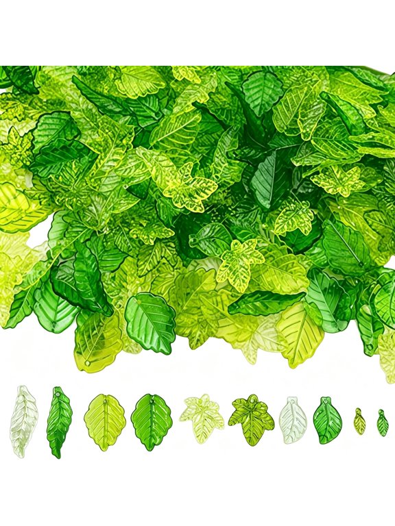 400Pcs Green Leaf Acrylic Beads,10 Styles Assorted Transparent Maple Leaf Shaped Pendant Charms,Plant Theme Beads for Diy Jewelry Bracelet Necklace Earrings Keychains&Crafts Making