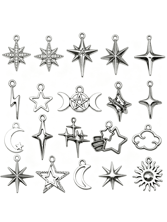40Pcs Celestial Charm Set Stainless Steel Vintage Antique Silver Moon Star Sun Pendants for Diy Jewelry Making Necklaces Earrings Bracelets Boho Craft Supplies