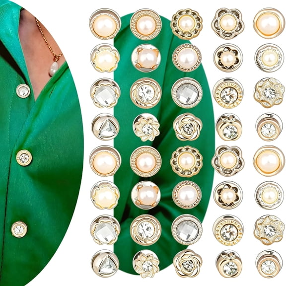 DESIGNICE 40pcs Women Shirt Brooch Pins,No Sew Reusable Cover Up Pins,Rhinestone and Pearl Buttons for Women Fashion, Replacement Safety Button for Clothing Shirt Dress Sweaters Coat Shawl