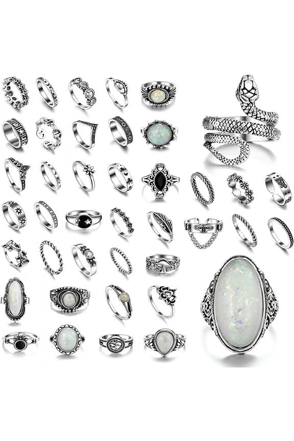 42 Pcs Vintage Silver Knuckle Ring Set Cool Alt Goth Punk Rings for Women Men Adjustable Stackable Grunge Emo Aesthetic Jewelry Snake Skull Chunky Band