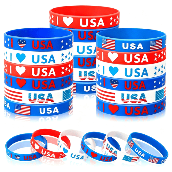 DESIGNICE 42Pcs 4Th of July Silicone Bracelets Patriotic Party Favors | American Flag Red White and Blue Rubber Wristbands, for Patriotic Independence Day Party Decorations Accessories Gift, 6 Desi