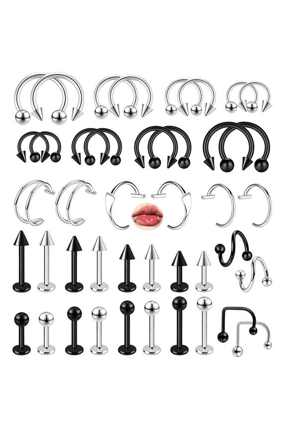42Pcs Lip Rings 16G Snake Bite Jewelry Labret Monroe Lip Barbell Ring Spike Nose Stud Spiral Piercing Vampire Fangs Lip Cuff Surgical Steel Helix Daith Tragus Jewelry for Women Men