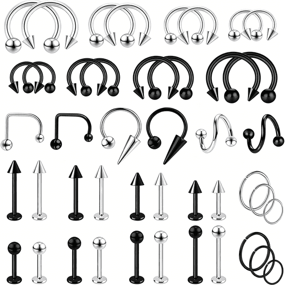 DESIGNICE 44Pcs Lip Rings 16G Surgical Steel Labret Jewelry Lip Barbell Piercing Vertical Labret Spike Snake Bite Piercing Jewelry Horseshoe Septum Nose Ring Cartilage Tragus Helix Earrings Studs