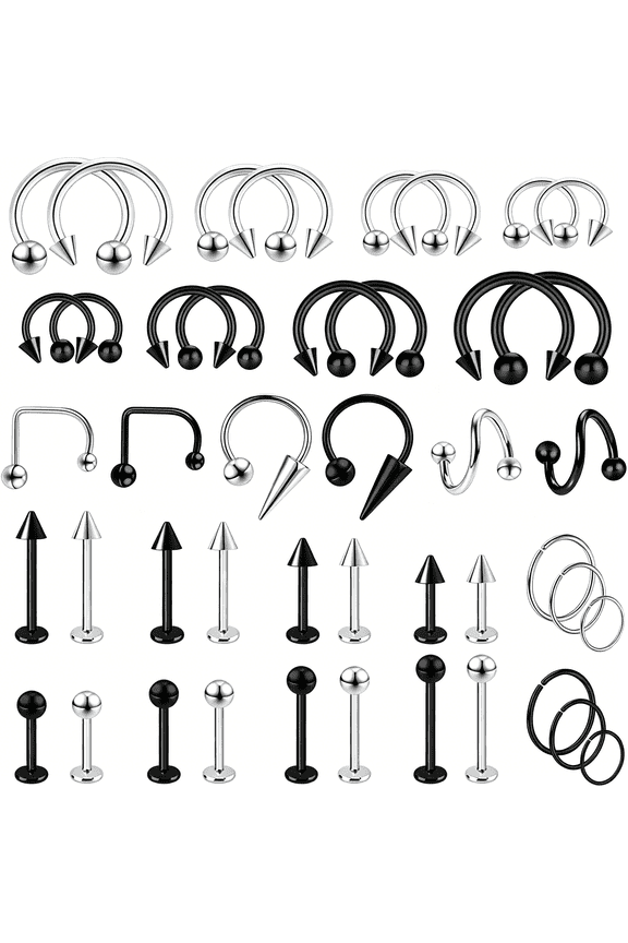 44Pcs Lip Rings 16G Surgical Steel Labret Jewelry Lip Barbell Piercing Vertical Labret Spike Snake Bite Piercing Jewelry Horseshoe Septum Nose Ring Cartilage Tragus Helix Earrings Studs