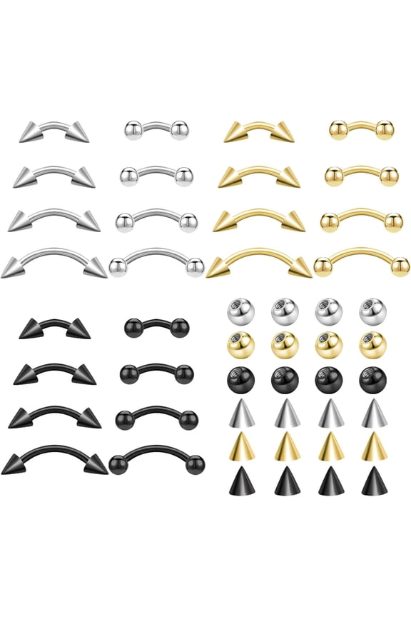 48 Pieces Eyebrow Piercing Jewelry 16G Surgical Steel Curved Barbell Eyebrow Ring Vertical Labret Lip Jewelry Rook Daith Earrings Small Belly Button Ring for Women Men