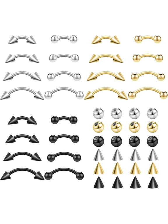 48 Pieces Eyebrow Piercing Jewelry 16G Surgical Steel Curved Barbell Eyebrow Ring Vertical Labret Lip Jewelry Rook Daith Earrings Small Belly Button Ring for Women Men