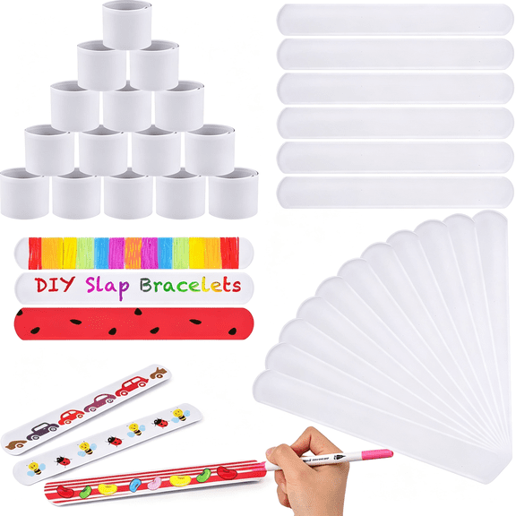 DESIGNICE 48Pcs White Slap Bracelet Blank Snap Bracelet Wristband for Kids Diy Craft Painting School Project Party Favor Supply Slap Bracelets