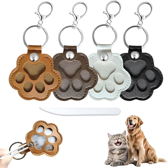 DESIGNICE 4PCS Pet Hair Keepsake Keychain, Dog Cat Fur Memory Storage Keyring, Paw Shaped Pet Memorial Key Chain, Leather Key Holder Charm for Purse Bag, Pet Lover Gift Set