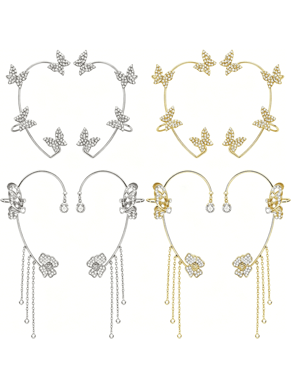 4Pair Gold&Silver Butterfly Earrings for Women,No Piercing Bling Butterfly Tassel Style Rhinestone Fairy Ear Cuffs for Women Jewelry