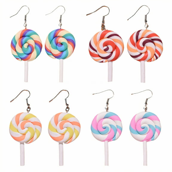 DESIGNICE 4Pairs Fun Earrings,Polymer Clay Earring Charms,Sweet Lollipop Look Dangly Earrings for Woman,Style1