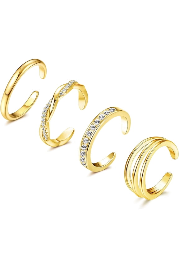 4Pcs 14K Gold Plated Toe Rings,White Gold Plated Toe Rings for Women Hug Cz Triple Twist Simple Band Open Toe Rings Beach Foot Jewelry Adjustable