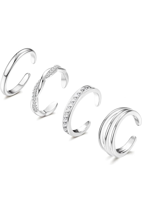 4Pcs 14K Gold Plated Toe Rings,White Gold Plated Toe Rings for Women Hug Cz Triple Twist Simple Band Open Toe Rings Beach Foot Jewelry Adjustable