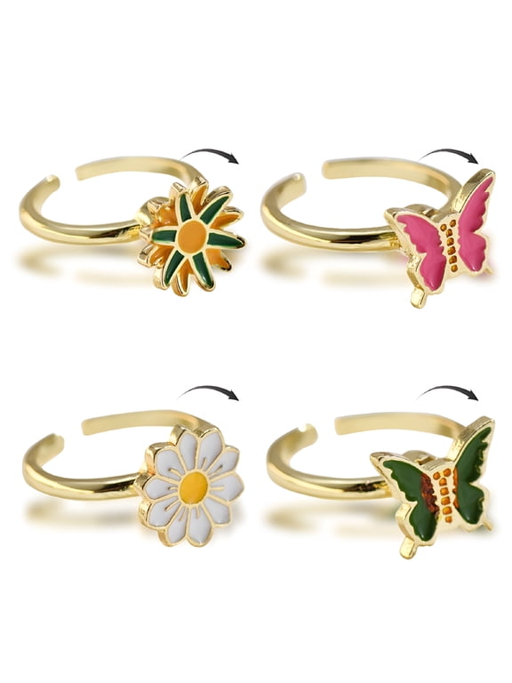 4Pcs Anxiety Rings Fidget Rings Adjustable Spinner for Women Chrysanthemum Butterfly Daisy Rings
