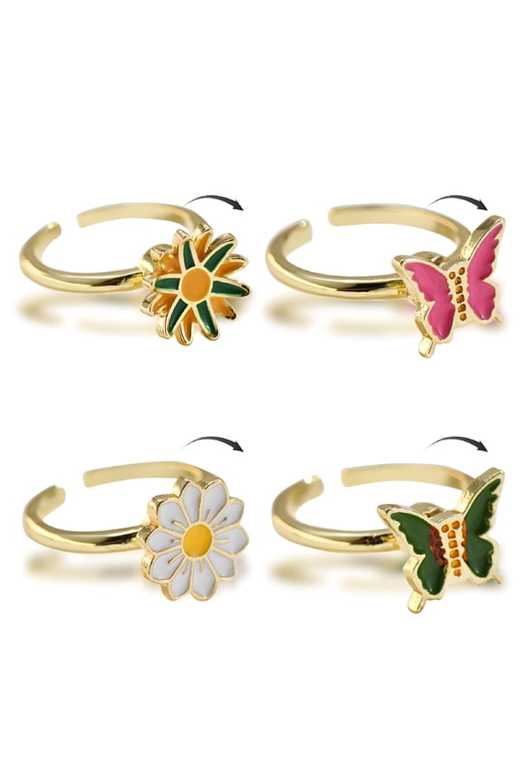 4Pcs Anxiety Rings Fidget Rings Adjustable Spinner for Women Chrysanthemum Butterfly Daisy Rings