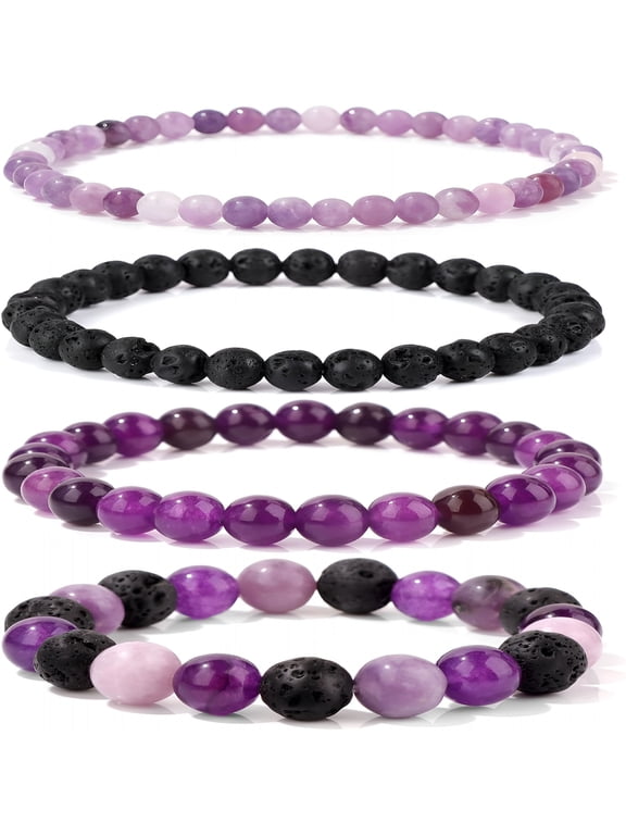 4Pcs Beaded Bracelets for Women,Natural Healing Crystal Gemstones Bracelet,Anxiety Stress Relief Bracelet Handmade Purple Jewelry for Women
