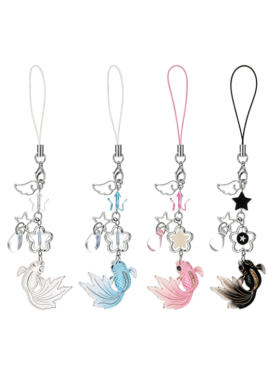 4Pcs Cute Phone Charm Mobile Koi Star Pendant Decor Detachable Anti Theft Strap Decorative Charms for Camera Bag Cellular Telephones Case Suitable for Keychain Backpack Wallet