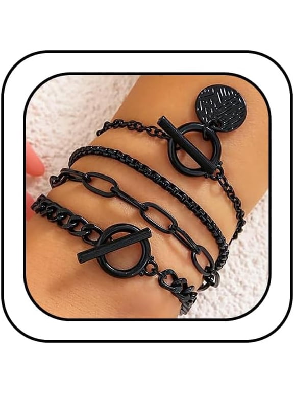 4Pcs Goth Black Stackable Bracelets Set for Women Gothic Statement Gold Coin Ot Buckle Bracelet Vintage Paperclip Chain Y2K Party Hallowmas Jewelry Gifts