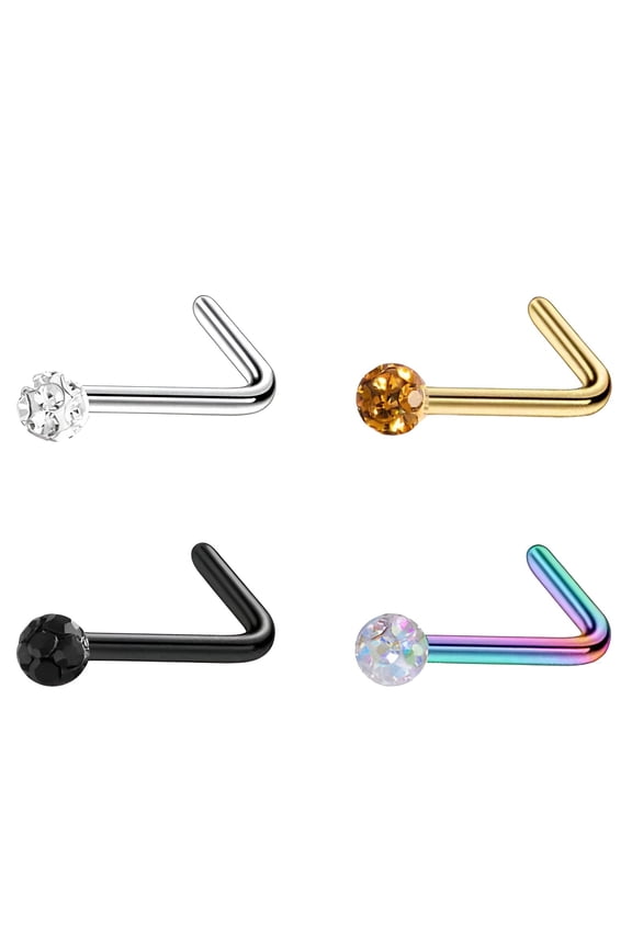 2026 New 4Pcs Nose Rings,Ergonomic L-Bar Shape Nose Rings for Women,Eye-Catching Crystal Detail Nose Studs,Multicolor