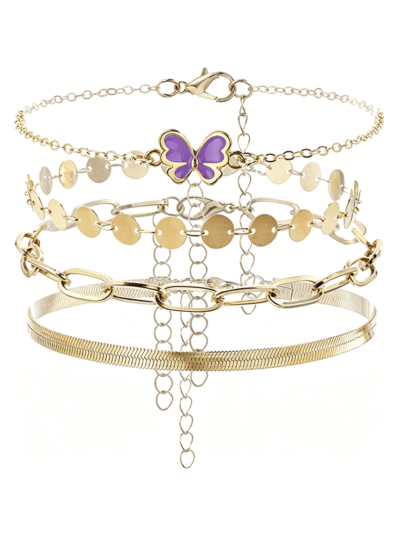 4Pcs Purple Butterfly Anklet for Women Layered Gold Disc Chain Anklet Adjustable Herringbone Chain Foot Jewelry Coastal Summer Beachy Holiday Party Accessories Gift
