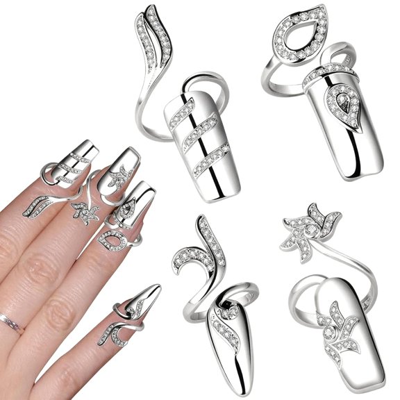 DESIGNICE 4Pcs Silver Rhinestones Womens Finger Nail Rings Metal Fingertip Protective Nail Rings Opening Nail Cover Ring Fingernails Ring Art Charms Accessories Nail Rings for Women