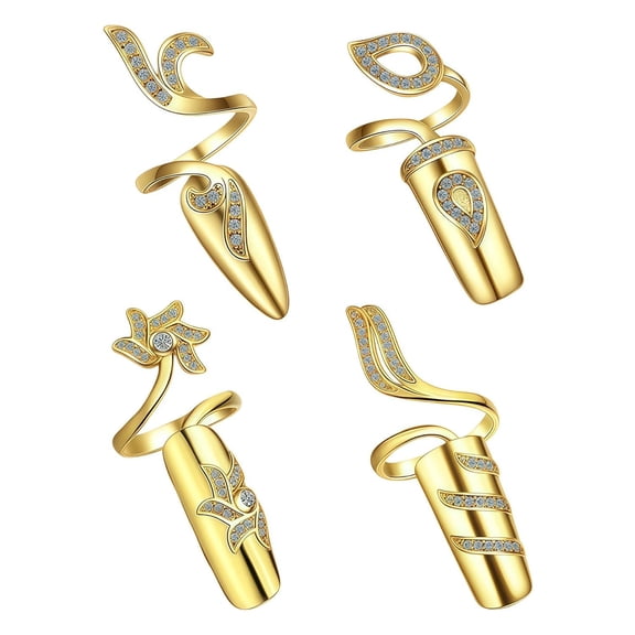 DESIGNICE 4Pcs Small Fingernail Rings Set Rhinestones Finger Tip Rings Opening Ring Nail Decoration Protecting Gift Nail Art Charms Accessories(Gold)