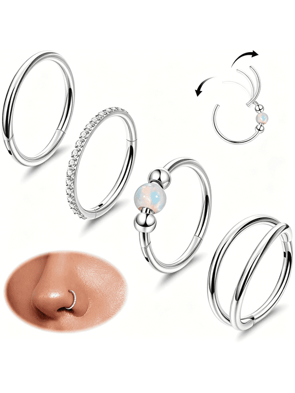 4Pcs Titanium Nose Rings Hoops for Women Men Double Hoop Nose Ring Cz Opal Clicker Septum Hoop Daith Cartilage Conch Ring Tragus Rook Piercing Jewelry 8/10Mm