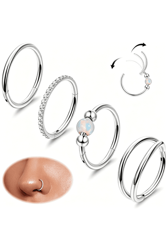 4Pcs Titanium Nose Rings Hoops for Women Men Double Hoop Nose Ring Cz Opal Clicker Septum Hoop Daith Cartilage Conch Ring Tragus Rook Piercing Jewelry 8/10Mm