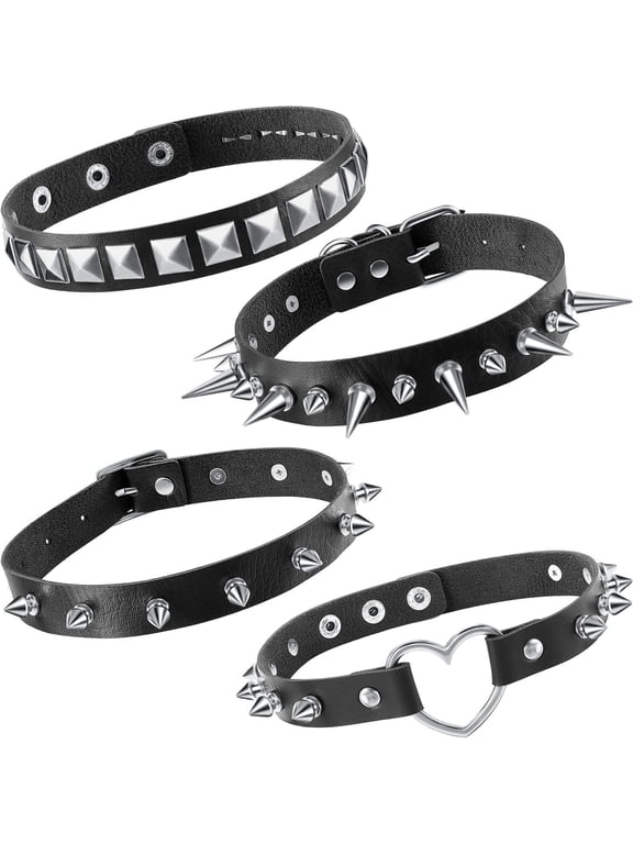 4Pcs Women Men Cool Punk Choker Gothic Goth Spike Heart Shape Biker Choker Pu Leather Collar Studded Rock Necklace(Black),Edgy Choker