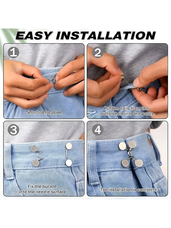 4Sets Jean Buttons for Loose Jeans, Pant Waist Tightener, Silver Metal Adjustable Reusable Jean Buttons for Loose Jeans for Men and Women, 2.7 * 2.7 * 1.2cm