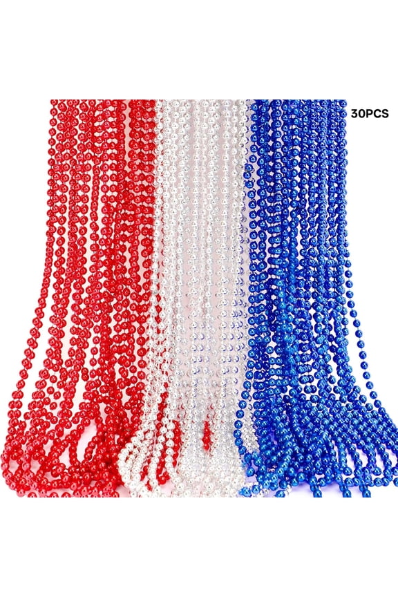 4Th of July Beads Necklaces,30Pcs Red Silver Blue Metallic Beaded Necklaces for Patriotic Crafts Independent Day Party Favors Masquerade Diy Accessories