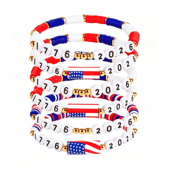 DESIGNICE 4Th of July Outfits for Women - 6 Pce 250Th Anniversary Red White Blue Clay Beaded Stretch Bracelets for Fourth of July Accessories Decorations,Usa 1776-2026 Freedom Merchandise Jewelry