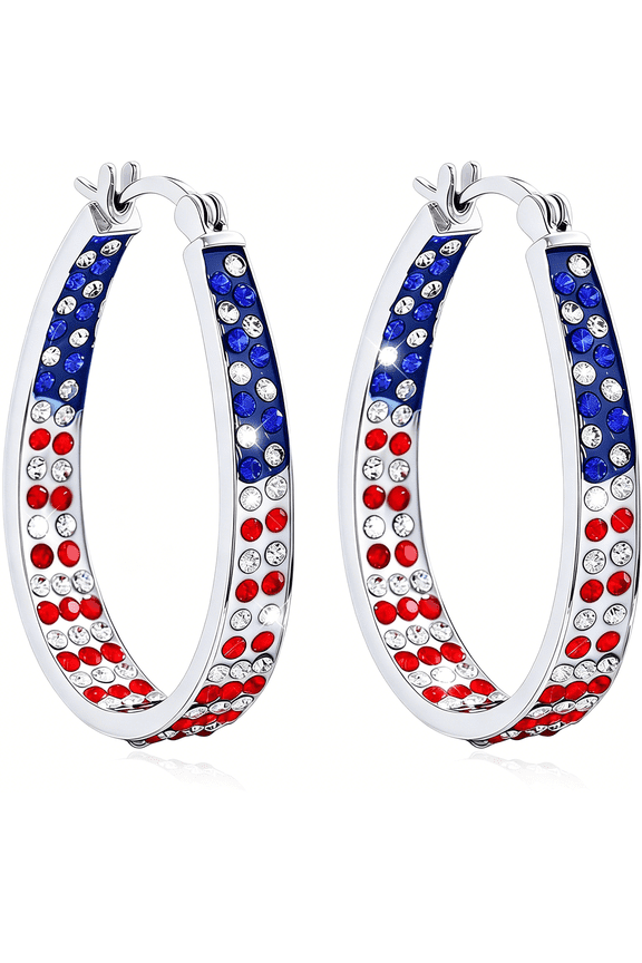 4Th of July Patriotic Hoop Earrings,American Flag Red White and Blue Sparkly Crystal Jewelry for Women,Independence Day Accessories for Shirts Outfits