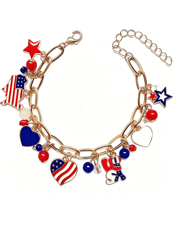 4Th of July Bracelet for Women Men Teens-Red White Blue Charm Bracelet with American Flag Pendants Patriotic Outfits Accessories