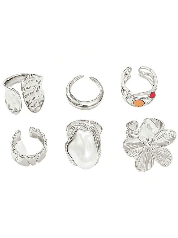5-6Pcs Vintage Faux Pearl Flower Knuckle Rings Set for Women Friend Mother Stackable Chunky Statement Ring Open Adjustable Jewelry