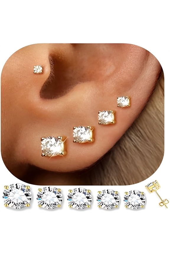 5 Pairs 14K Gold Plated Stud Earrings for Women, Hypoallergenic Earring Sets for Multiple Piercing, Cubic Zirconia Studs Earrings for Women