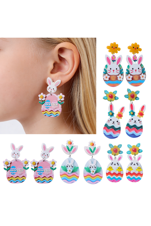 5 Pairs Earring Set,Vibrant and Adorable Easter Earrings,Bunny Ear Easter Egg Earrings for Women,Drop Earrings Festive Jewelry Gift for Easter and Spring Outfits
