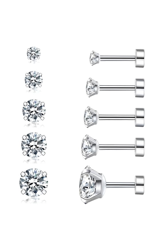 5 Pairs Earring Stud for Women Men 316L Stainless Steel Flat Back Stud Earrings Set, 3-8mm