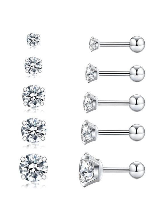 5 Pairs Flat Back Earrings for Women Multipack,Cartilage Earring,Nickel Free Hypoallergenic Earrings,Flatback Earrings for Women,Cubic Zirconia Earrings Studs (3Mm-7Mm),Silver