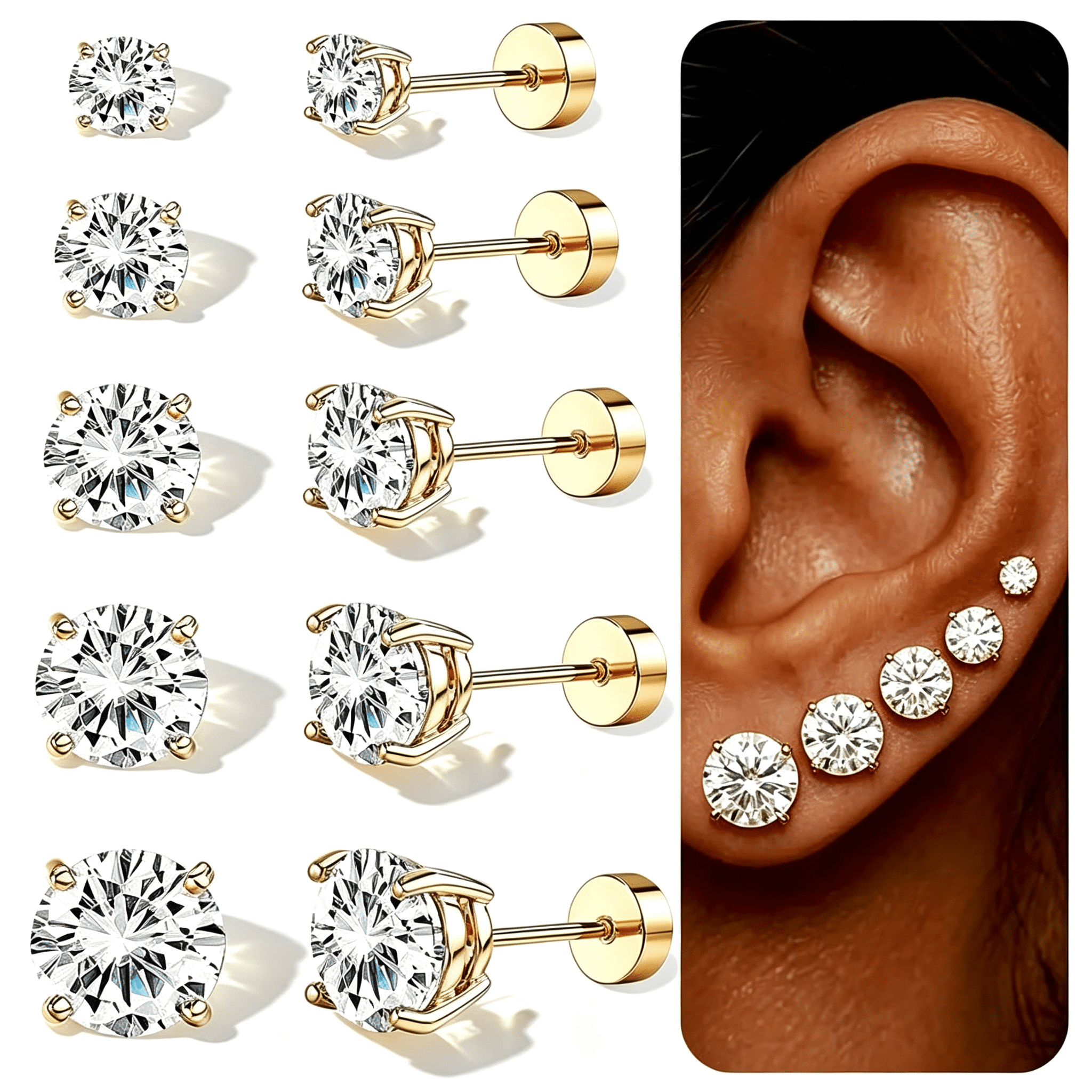 5 Pairs Flat Back Gold Stud Earrings for Women, 14K Gold Plated Hypoallergenic Surgical Steel Stack Cartilage Earrings,