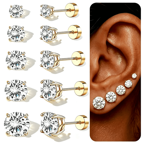 DESIGNICE 5 Pairs Flat Back Gold Stud Earrings for Women, 14K Gold Plated Hypoallergenic Surgical Steel Stack Cartilage Earrings, Cubic Zirconia Jewelry