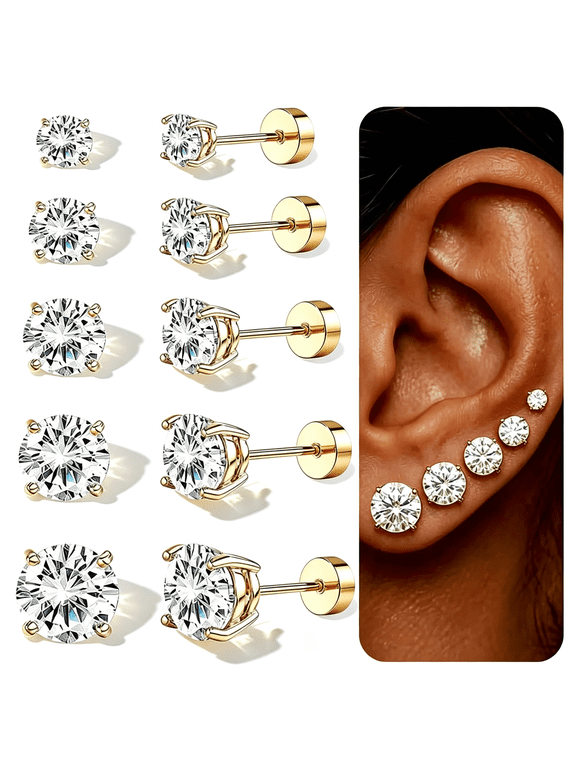 5 Pairs Flat Back Gold Stud Earrings for Women, 14K Gold Plated Hypoallergenic Surgical Steel Stack Cartilage Earrings, Cubic Zirconia Jewelry
