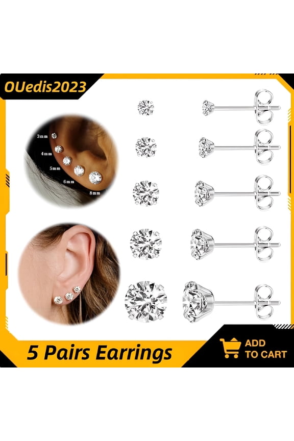 5 Pairs Long Post Earrings Stainless Steel Stud for Women Sensitive Ears Piercing