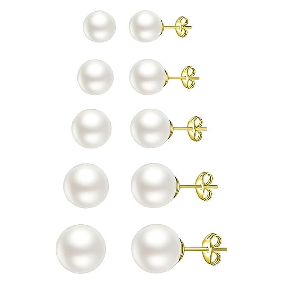 DESIGNICE 5 Pairs Pearl Stud Earrings Set Tiny Small and Big Ball Pearl Earrings for Women,5-10mm Pearl Earrings