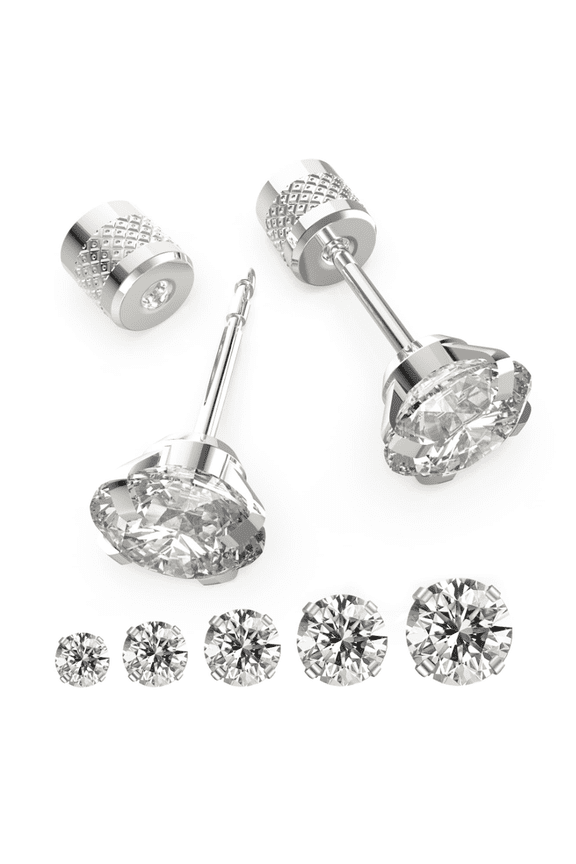 5 Pairs Push-In Flat Back Stud Earrings Hypoallergenic Stainless Steel Cubic Zirconia Earrings Studs Set, Cz Stud Earrings with Flat Backs for Women Men